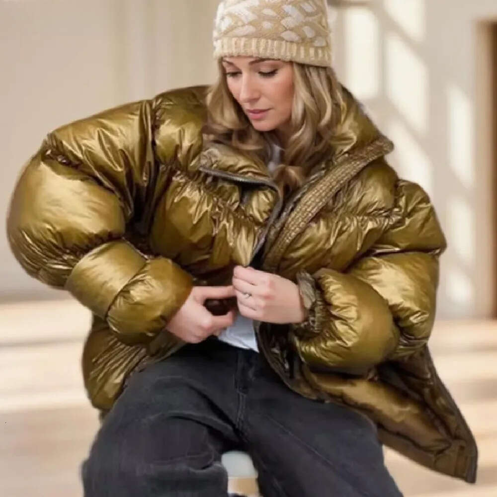 New Winter Fashion Women Gold Winered Double Zip Up Bread Parka Coat Woman Stand Collar Buckle Long Sleeve Oversize Outerwear