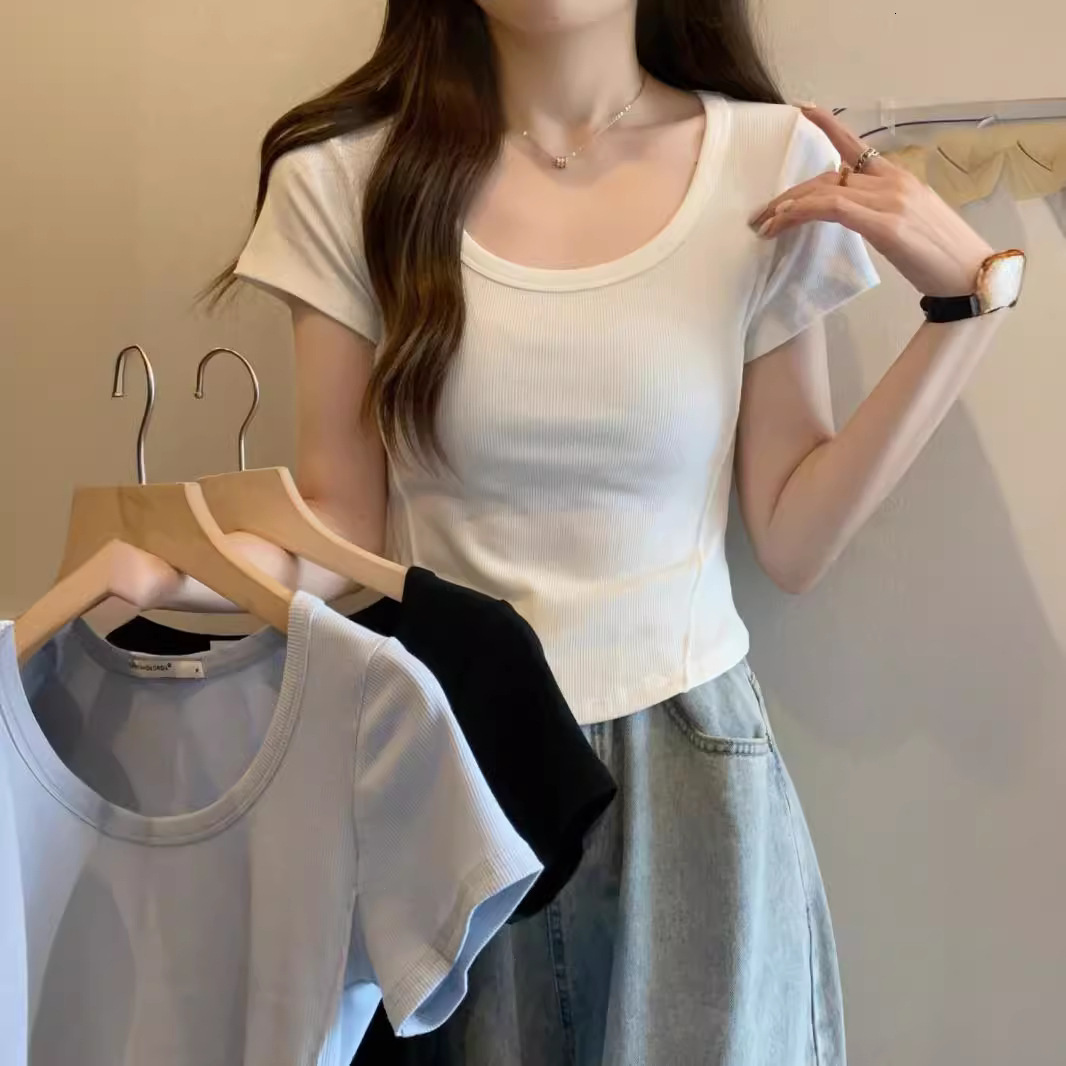 2025S Designer Women S T Shirt Irregular U Neck Short Sleeved T Shirt For Women In Summer Korean Version Slim Fit High Waisted Short Student Solid Col