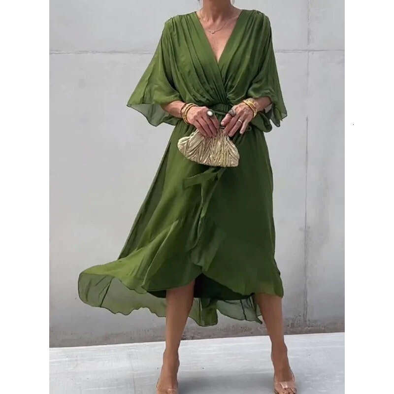 2025 New European and American Women's Fashion Cross-Border Amazon Solid Color Tie Long Batwing Sleeve Irregular Dress Plus Size
