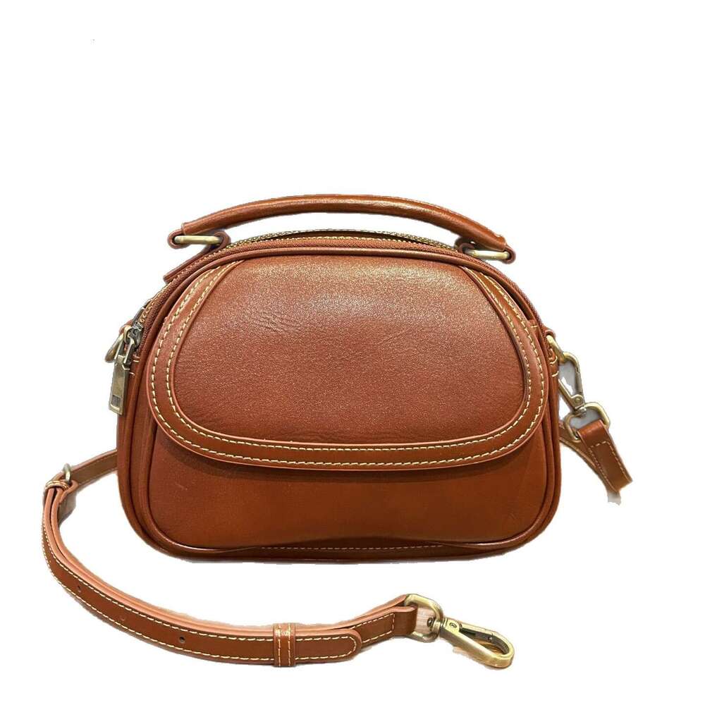 Top Layer Cowhide Single Shoulder Crossbody New Vintage Handbag For Women Fashionable Versatile Simple Small Round Bag High Quality