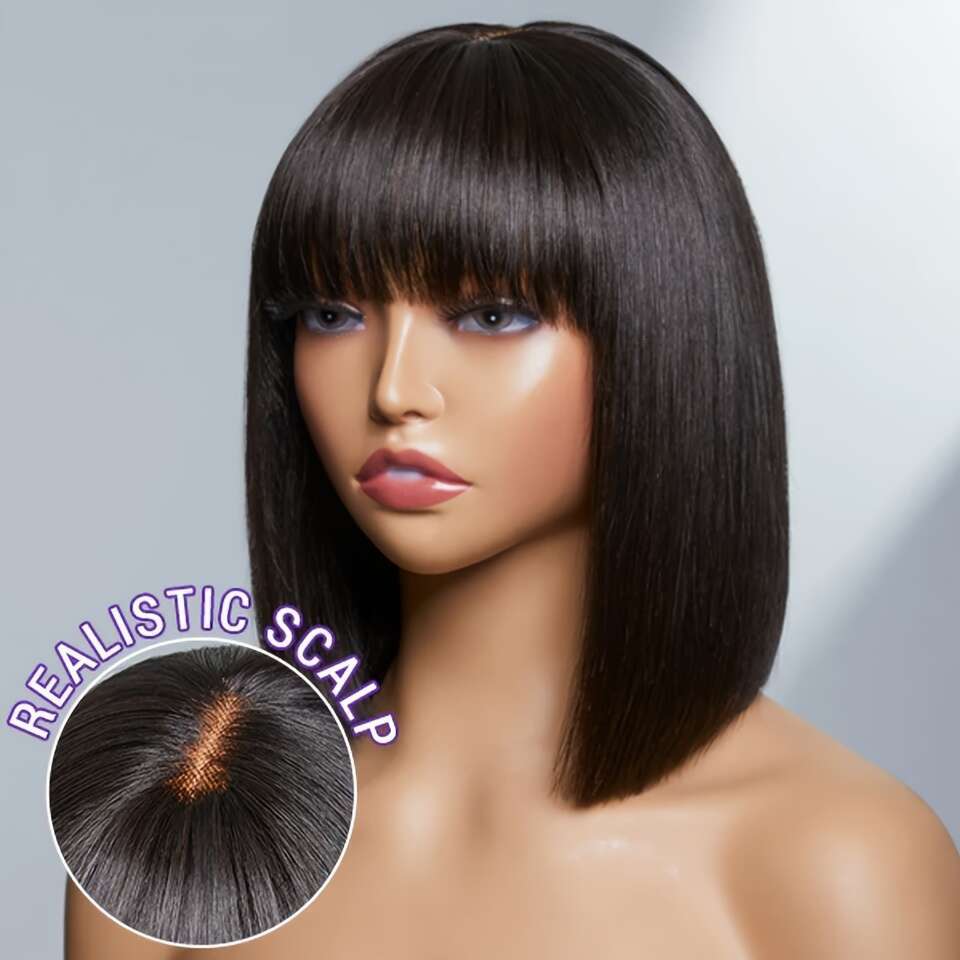 Highlight Color Wear And Go Short Straight Human Hair Wigs With Bangs Brazilian Remy For Women Natural Color Easy Part Lace Bob Wig