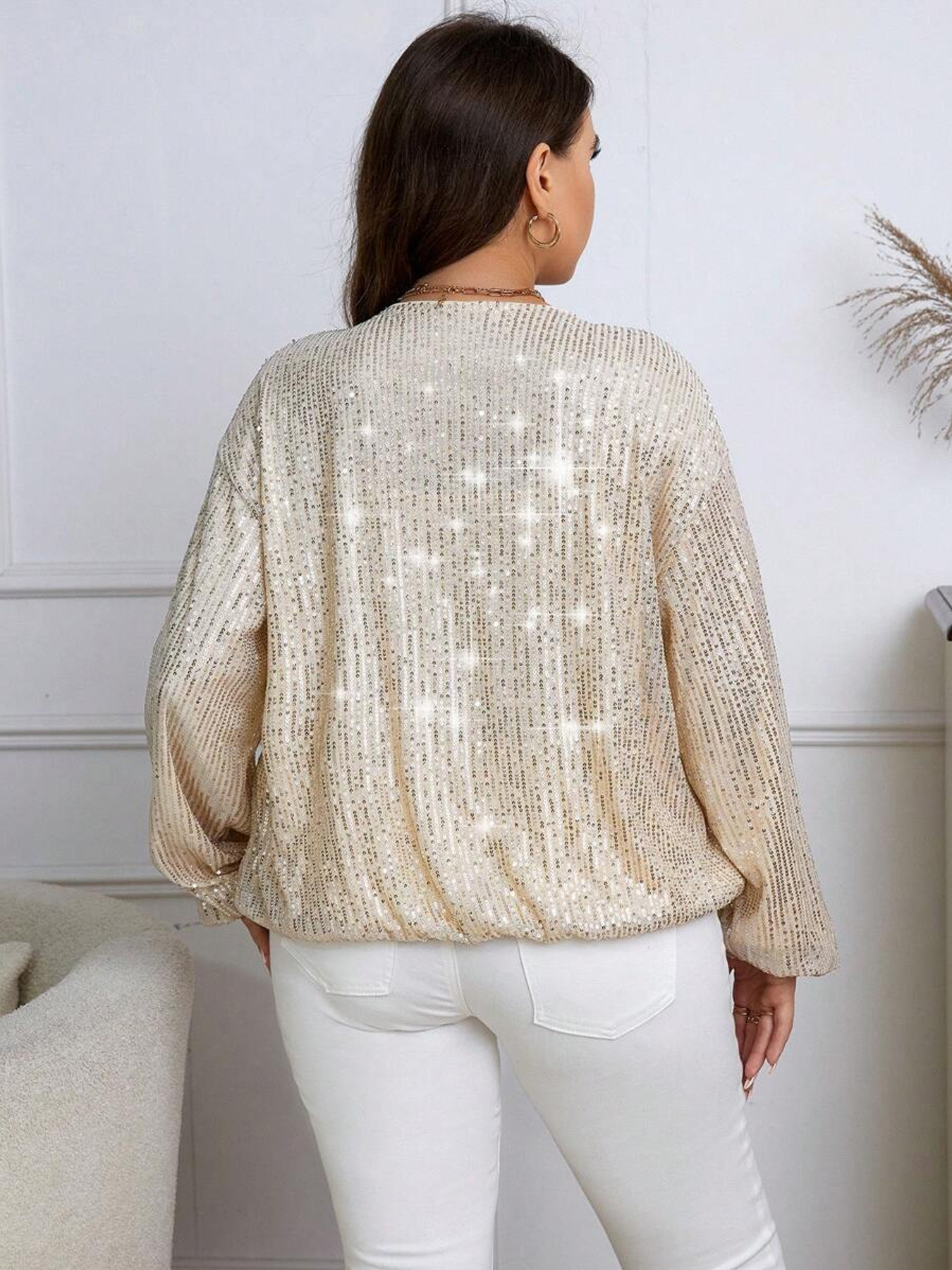 Women's Sequin Baseball Jacket, Zip-Up Casual Daily Commute Coat, Apricot----D362