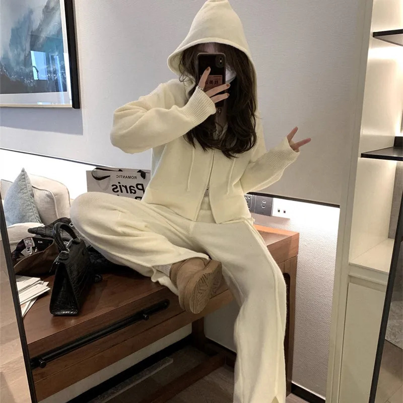 Spring and Autumn Womens Sweater Suit Hooded Knit Wideleg Pants Two Piece Set Lazy Casual Knitwear Cardigan Lady 251110