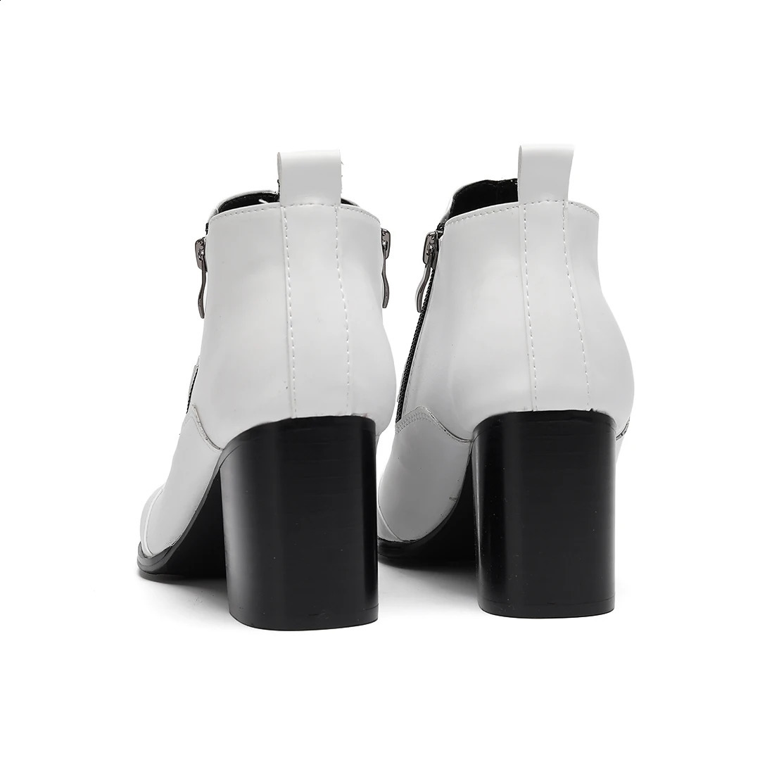 White Chains Genuine Leather Men High Heel Boots Large Size Club Party Drag Queen Dress Shoes Pointed Toe Zipper Ankle Boots 251106