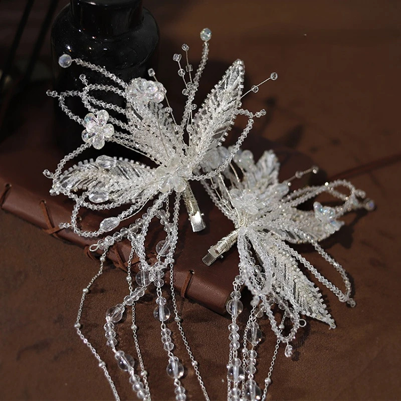 Mori Crystal Beaded Edge Clip Hair Wearing Ears Hanging Bridal Headwear Wedding Hair Jewelry 250409