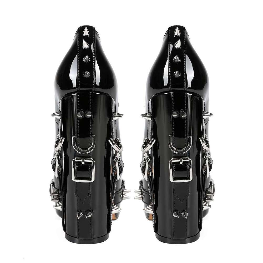 Women's Studded Metal Buckle Platform Heels - Black Synthetic Cover Shoes With Spikes, Round Toe, All-Season Fashion Footwear, Comfortable Rubber