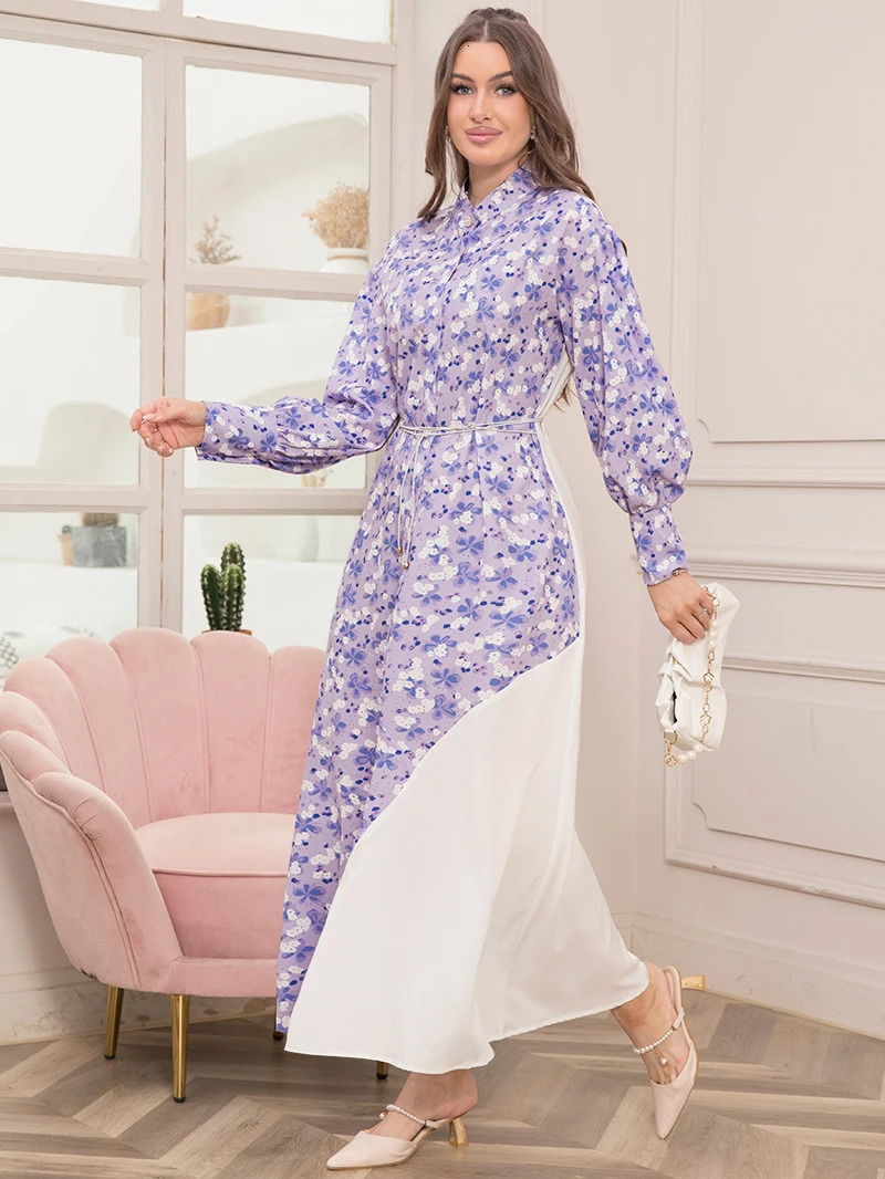 Elegant printed high neck contrasting color waistband shirt long sleeved dress - Womens fashionable slim fit long skirt 250409