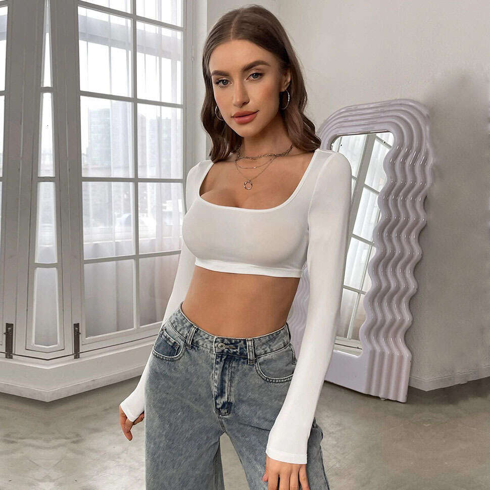 2024 New Cross-Border European and American Women's Fashion Sports Casual Cropped Knitted High Elastic Long Sleeve T-Shirt Top
