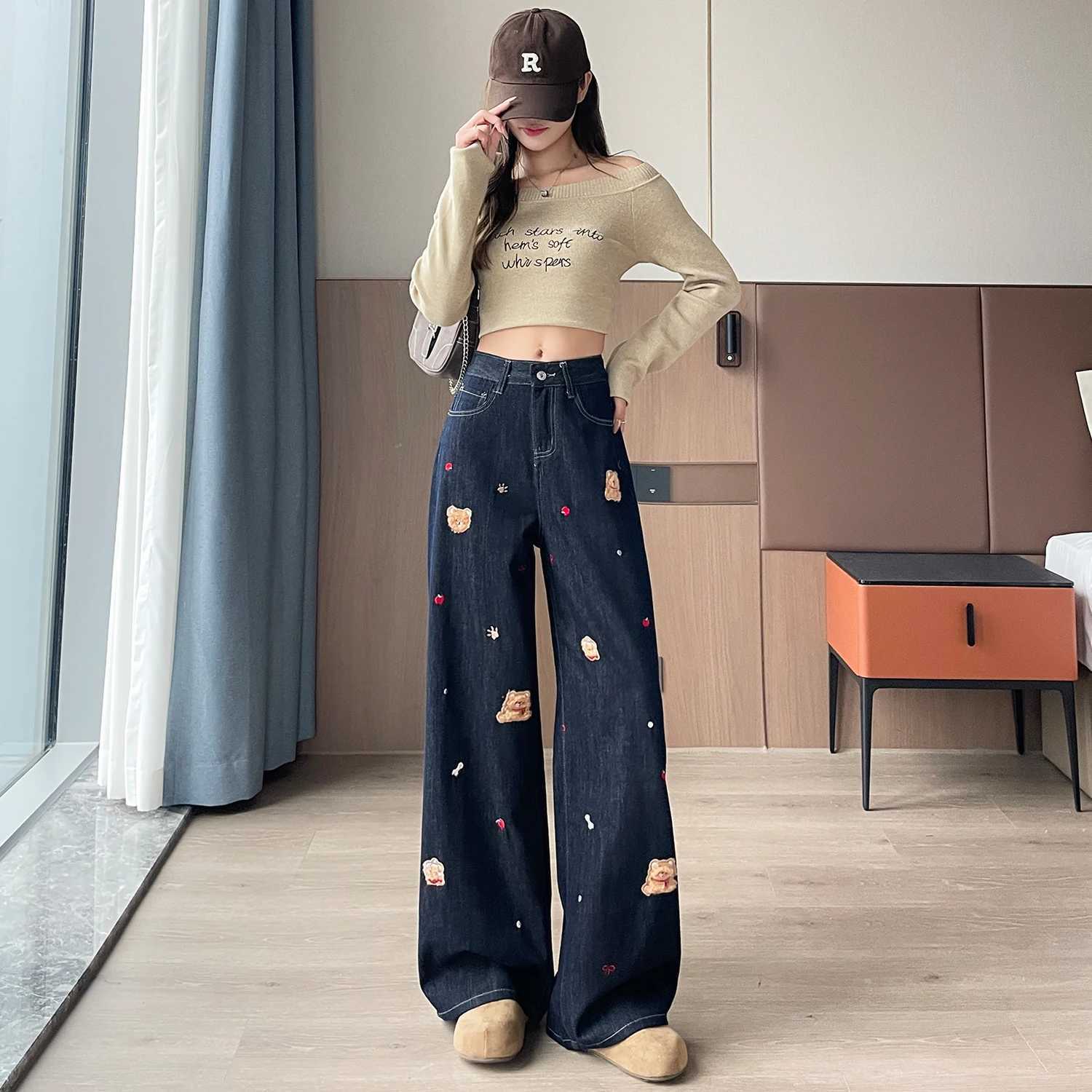 Womens Dog Embroideried Wide Leg Jeans Lady Spring Autumn High Waist Loose Straight Long Jeans C251110