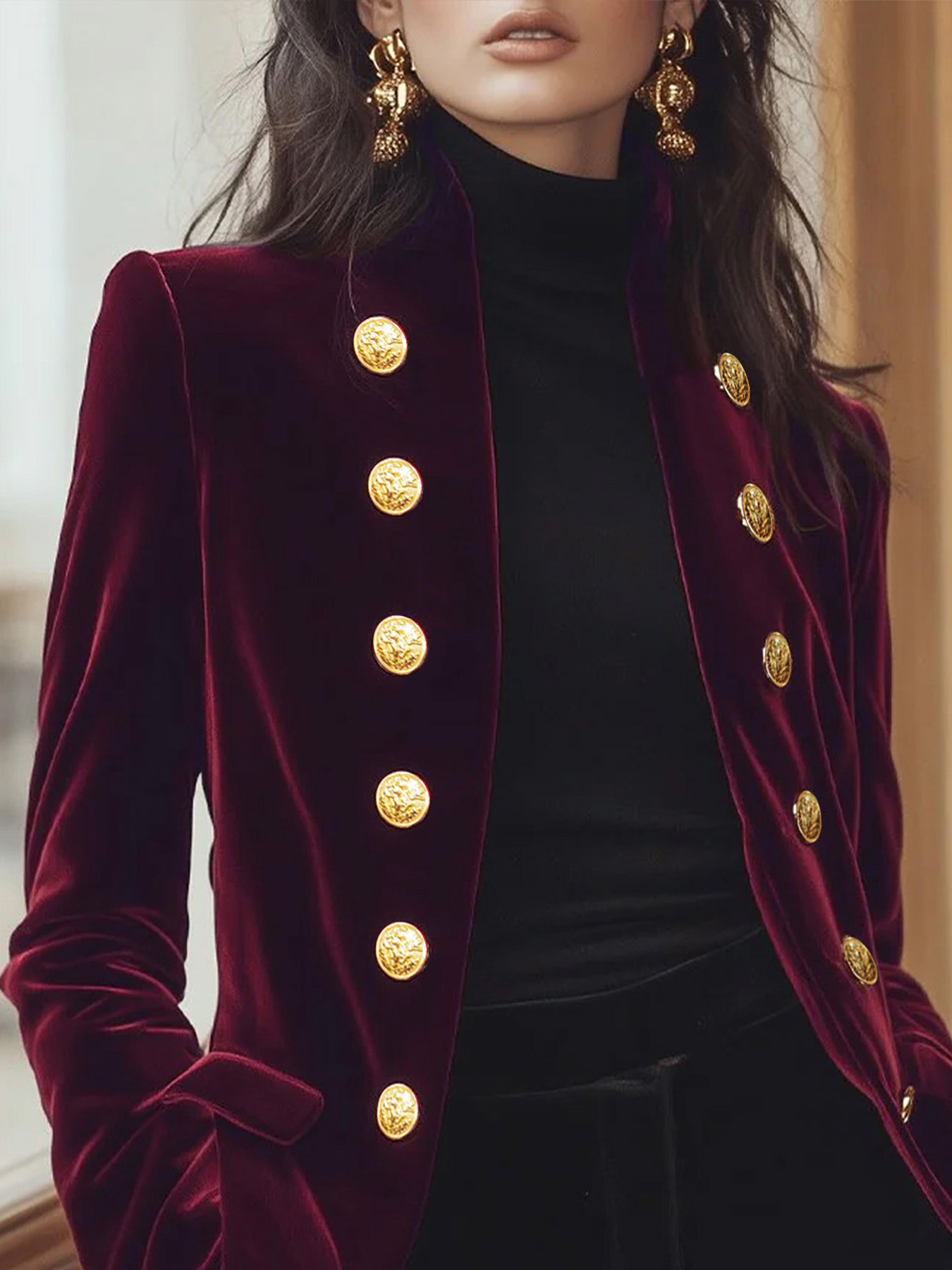 Women's Elegant Velvet Blazer, Metal Double-Breasted Slim Fit Evening Coat, Wine Red---D359