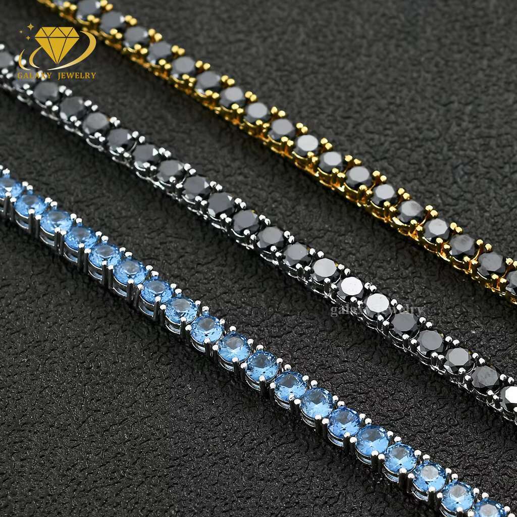 Real Pass Diamond Tester Black Moissanite Diamond Men Tennis Chain 1 Row Iced Out 3-5mm Gold Plated 925 Silver Bracelet Necklace