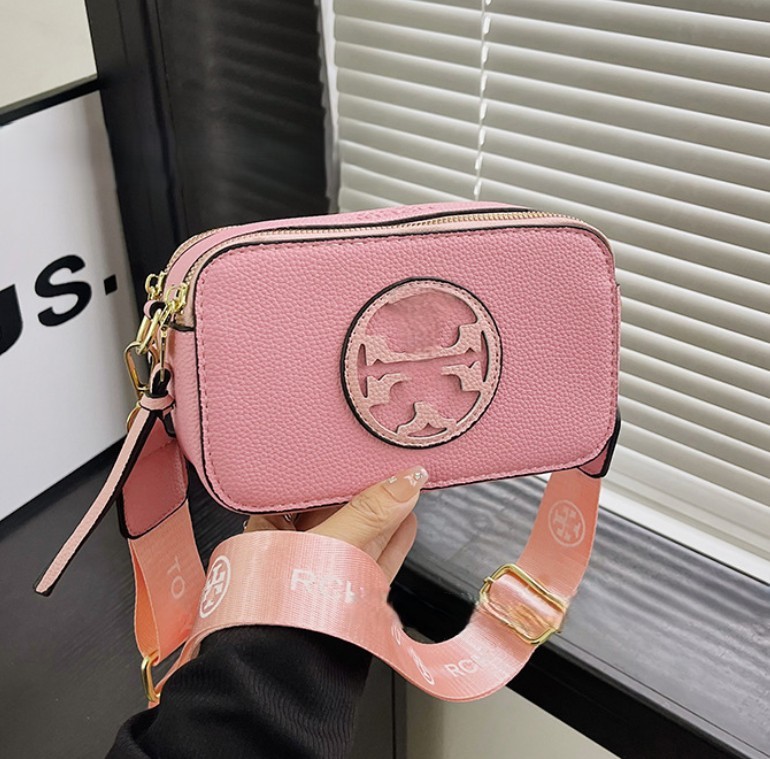 Toryburchlies new foreign trade women's bag crossbody bag lychee pattern wide shoulder strap double zipper small square bag camera bag women's shoulder bag