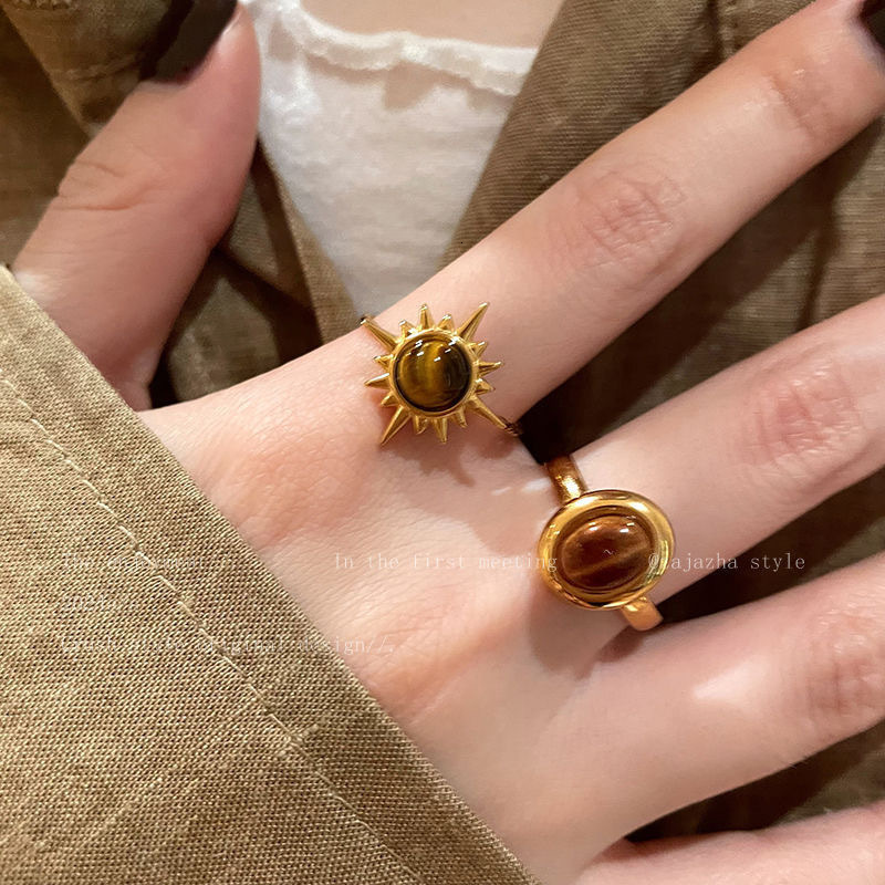 gold Designer Ring Tiger Eye Stone Open Ring for Women, Niche Design, fashion ring Fashionable Retro Index Finger Ring, Light Luxury High-End Vintage 
