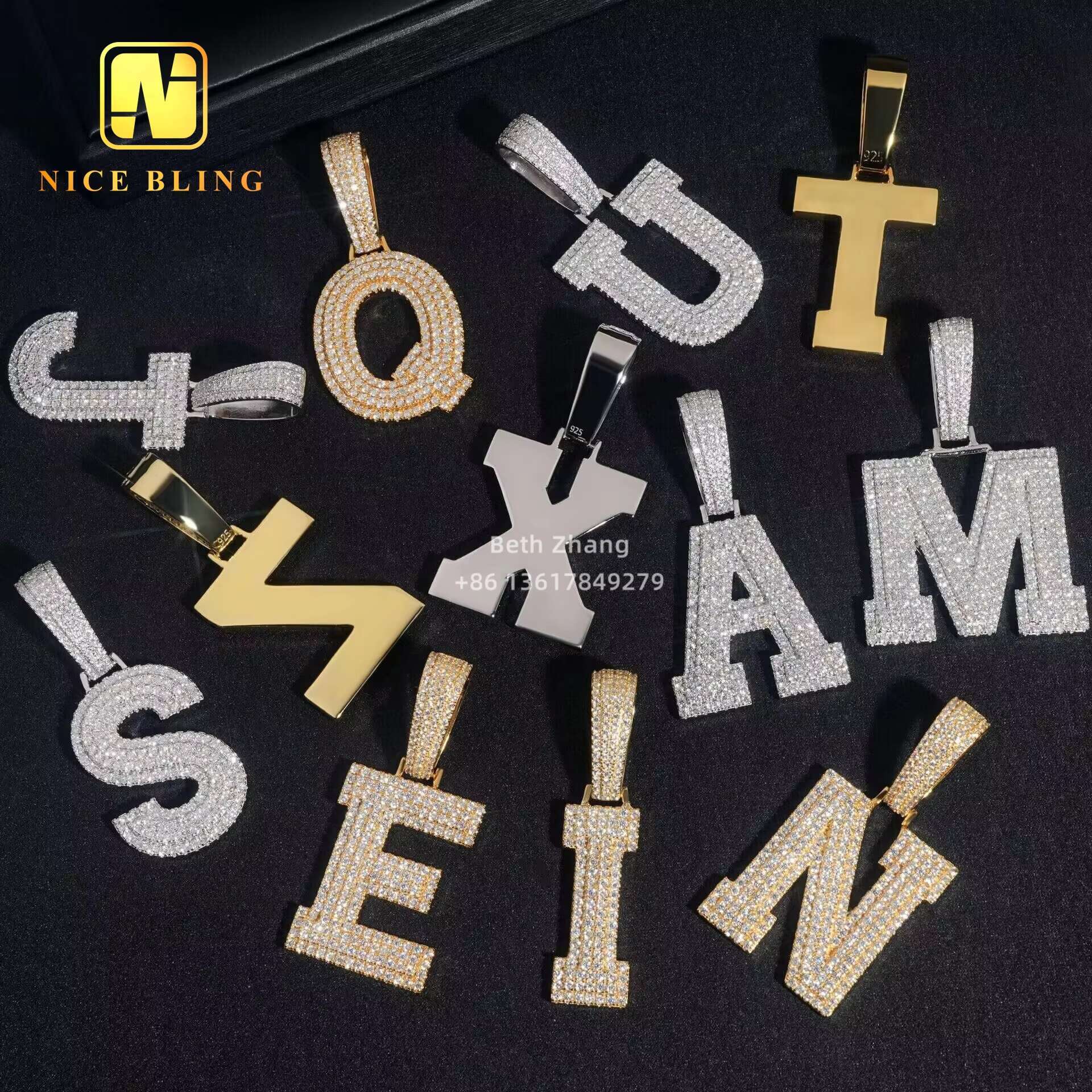 Iced Out Jewelry Custom Hiphop Letter Pendants A-Z Letters 0-9 Number Pendants Moissanite Initial Pendant 925 Silver Jewelry
