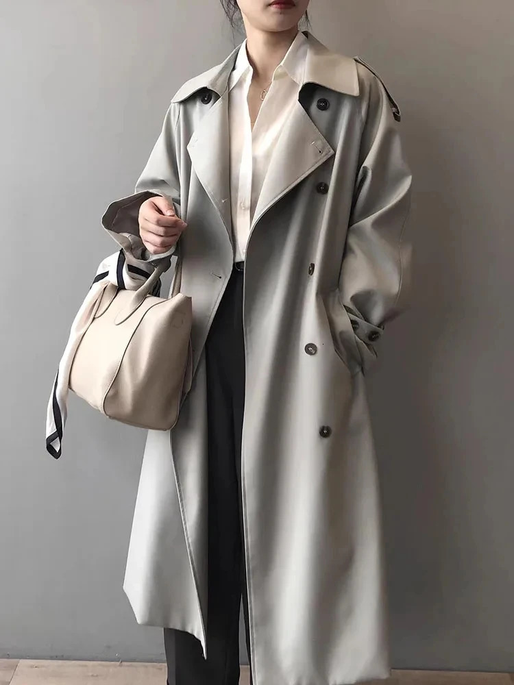 Korean fashion double chest long trench Coats womens streetwear loose Gabardina jacket with spring autumn sleeves Abrigos 250410