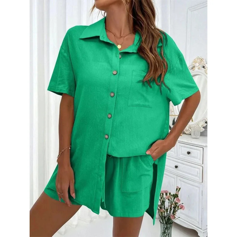 Solid color casual loose womens shorts set elegant summer womens two-piece set full set womens clothing 250409