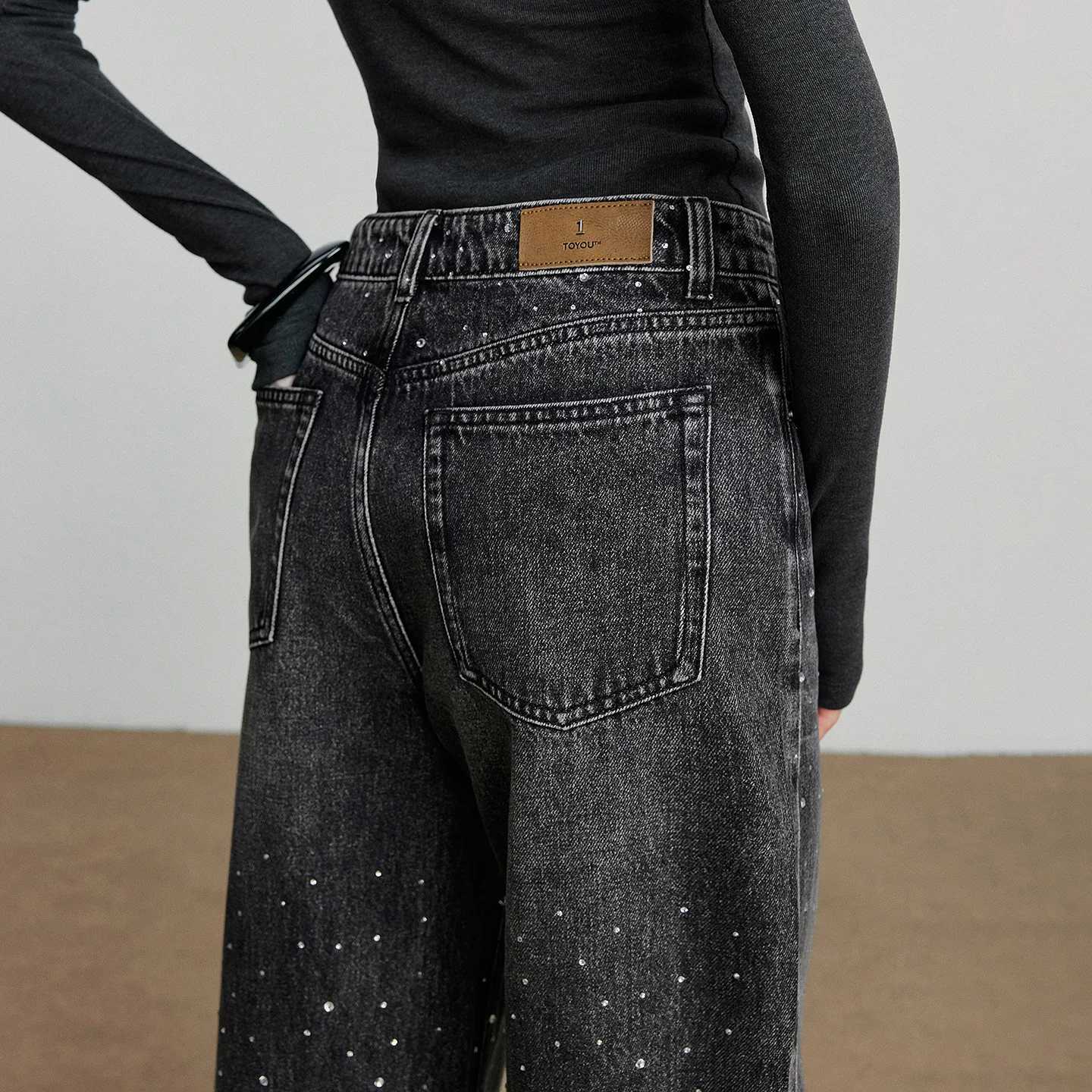 TOYOUTH Women Cowboy Wide Leg Pants 2025 Autumn New Punk Style Diamond Decor Straight Banana Pants C251110