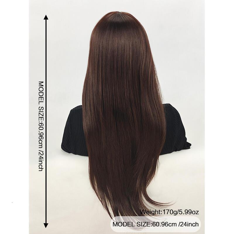 ENTRANCED STYLES en brown Women Long Straight with Bangs Black Hair Wigs Heat Resistant Synthetic Womens Wig for Daily Party Use 24 Inch