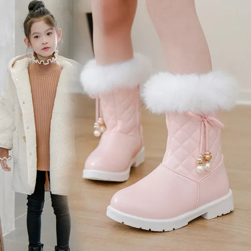 Girls Princess Boots Warm Shoes for Winter Kids Long Boots with Fur Fashion Sweet Girls Leather Snow Boots with Bow 251104