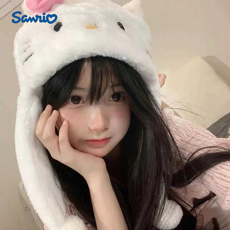 Sanrio Kawaii KT Cat Plush Cap Cute Cartoon Hello Kitty Pullover Hat Thickened Warm Ear Protection Riding Hat For Girl Gifts H251110