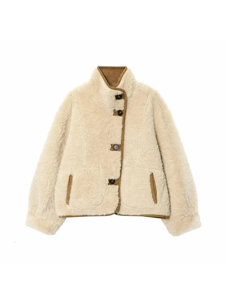 Women DoubleSided Wear Lamb Velvet Coat Womens Fashion Stand Collar Single Breasted Pocket Short Jacket Lady Outerwear 251110