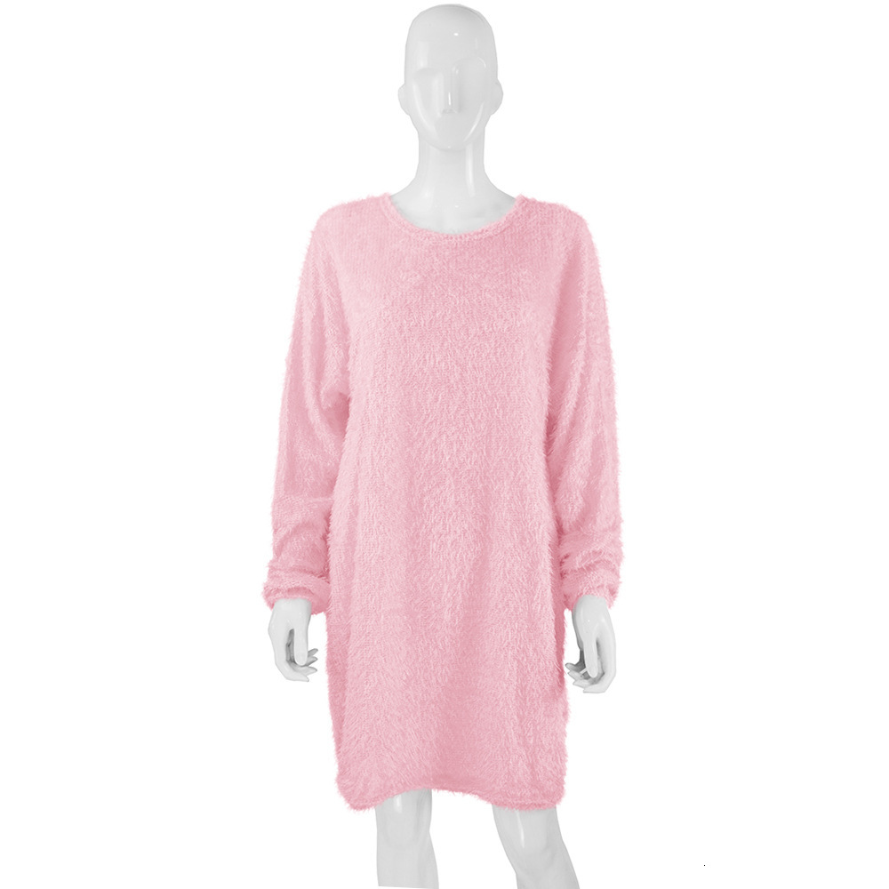 2025 Autumn/Winter Women's Mid length Long sleeved Round Neck Loose Plush Dress