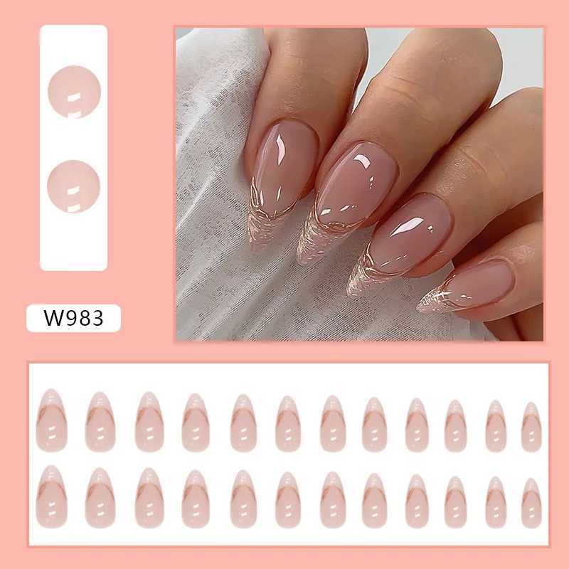 Gilt French 24 pieces pressed on nails pink gradient fake nails smooth artificial fingers reusable female fake nails W250410