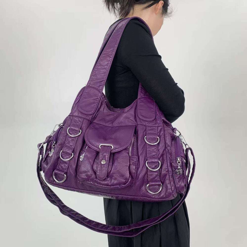 Women Retro Motorcycle Inspired Handbag Large Capacity Multi Pocket Crossbody Handbag With Detachable Strap, Golden Tone Hardware White