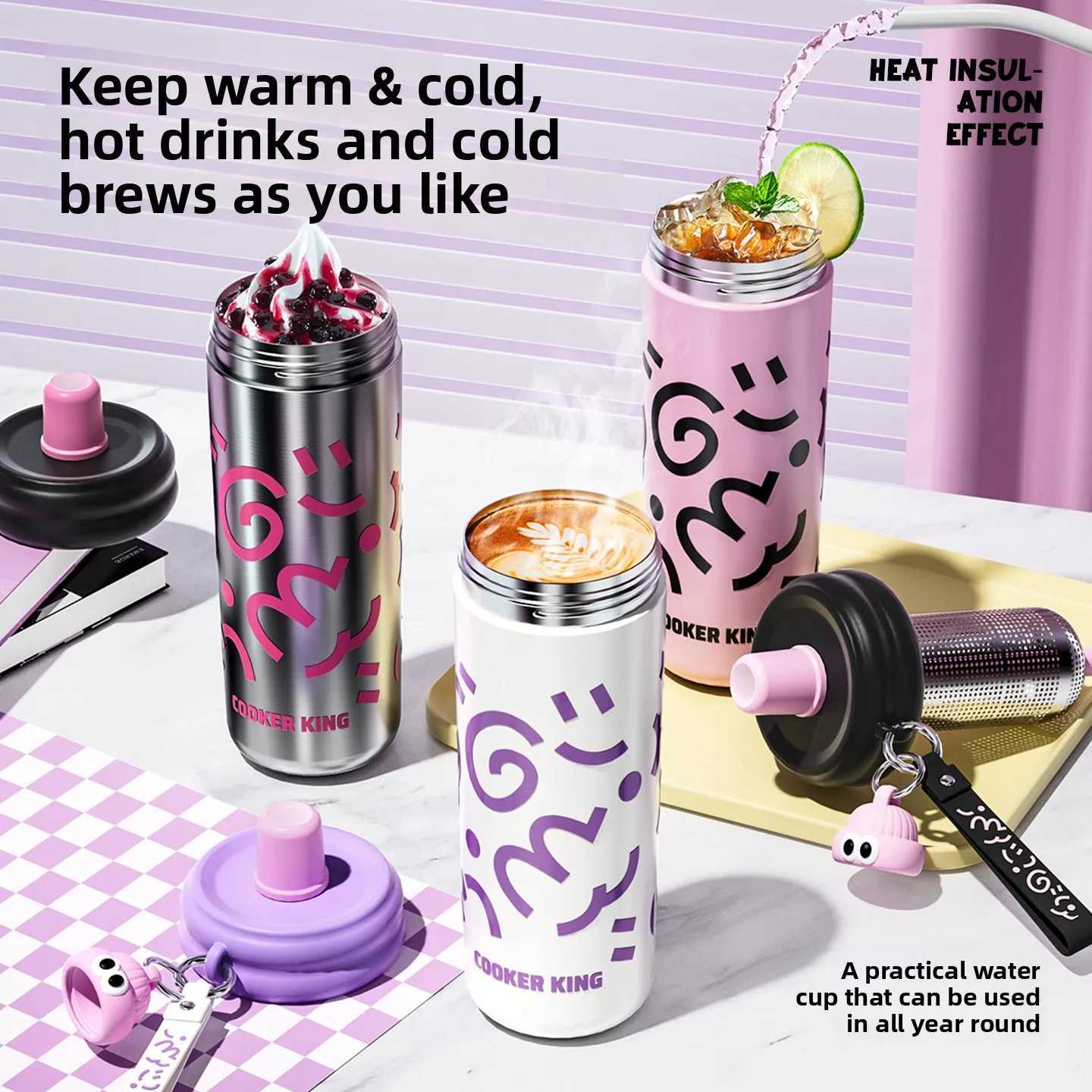 Fashionable cup COOKER KIN Children Cute 316 Stainless Steel Thermos Cup Student Kit Portable 600ml Large Capacity Straw Cup ple Y251110