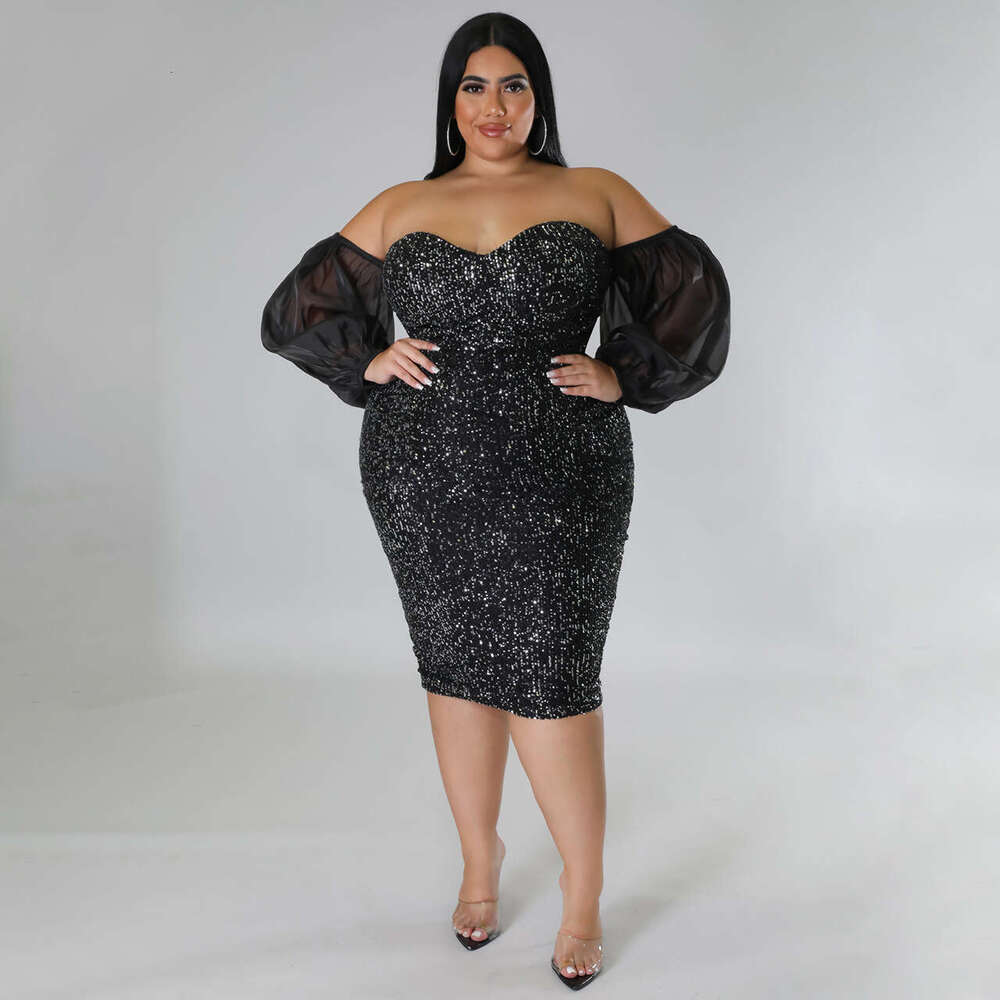 Sexy Sequin Strapless Mesh Solid Color Evening Tight Hot Girl Bodycon Night club maxi dress SEXY DRESSES FOR WOMEN