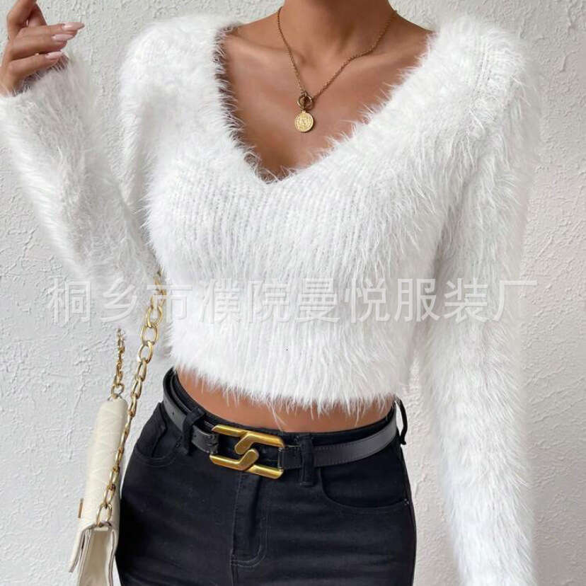 European and American Cross-Border Amazon Autumn Winter New Style Independent Station Solid Color V-Neck Slim Fit Versatile Fuzzy Short Women's S