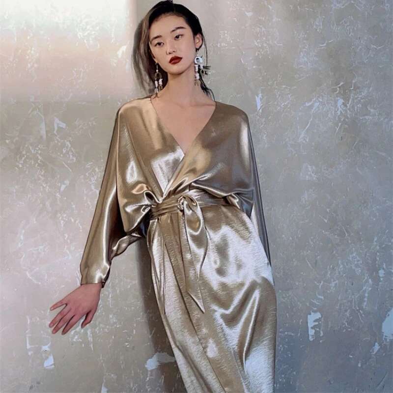 Shiny Satin Women Glossy Long Sleeve V Neck Sexy Evening Wrap Dress Female Elegant Party Club Gold Robe With Belt
