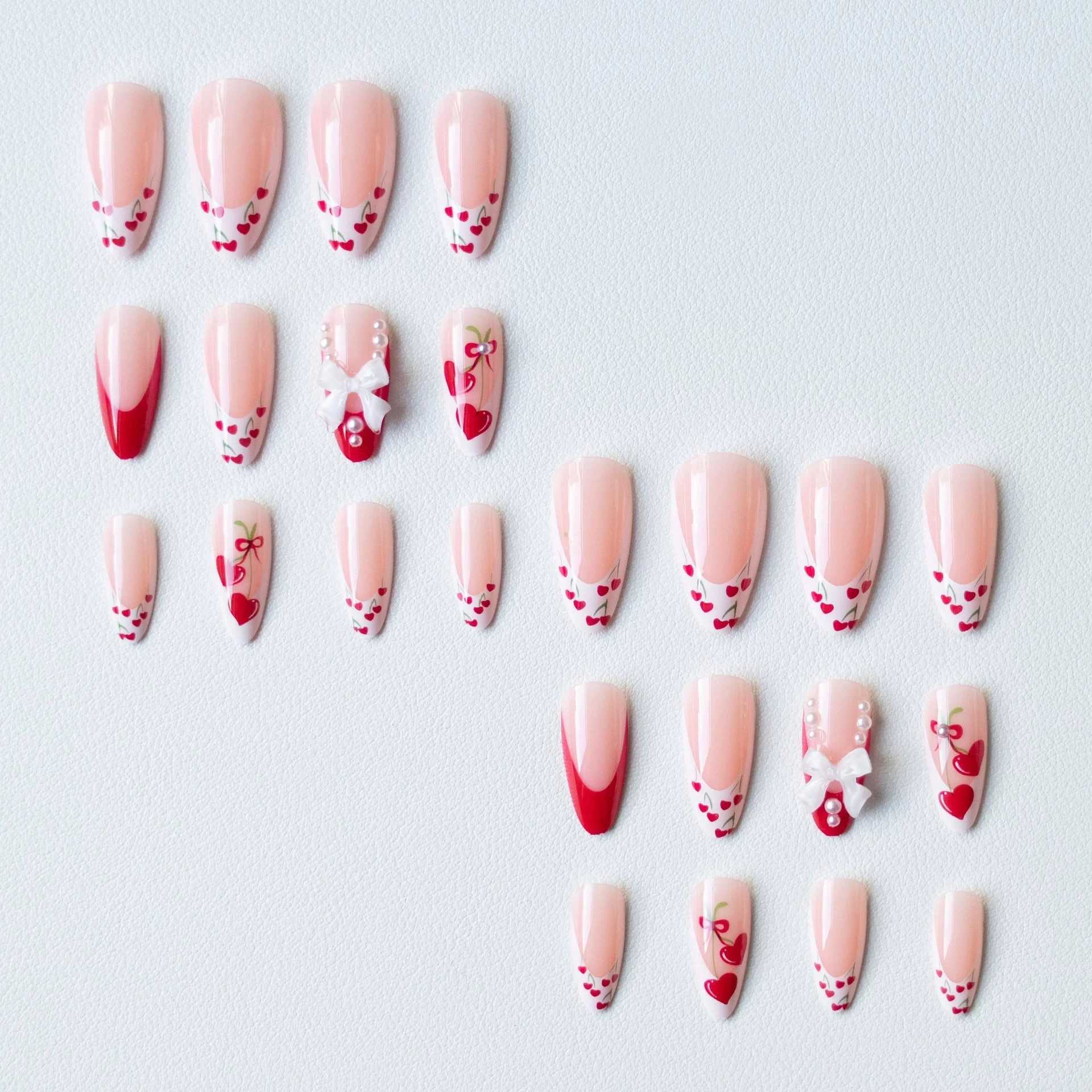 Design wearable fake nails simple manual pressing of nail tips art 24 pieces pink almond fake nails French butterfly ballet W250410