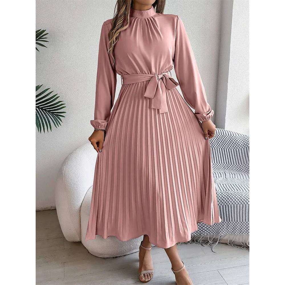 Msfilia Elegant Stand Collar Spring Summer Solid Long Women Full Sleeve High Waist Design Pleated Dress