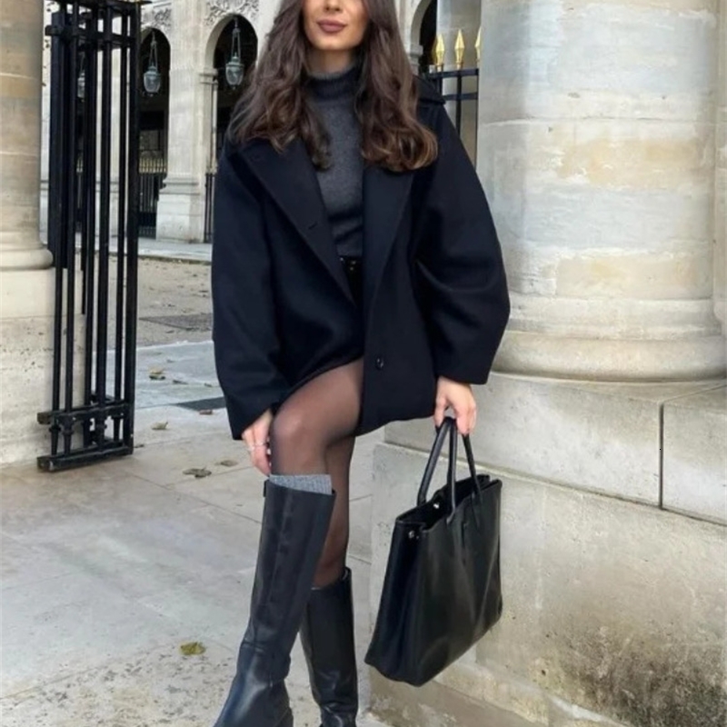 Urban Black Woolen Blend Coat Stand Collar Singlebreasted Long Sleeve Thick Warm Jacket Autumn Winter Lady Outwear 251105