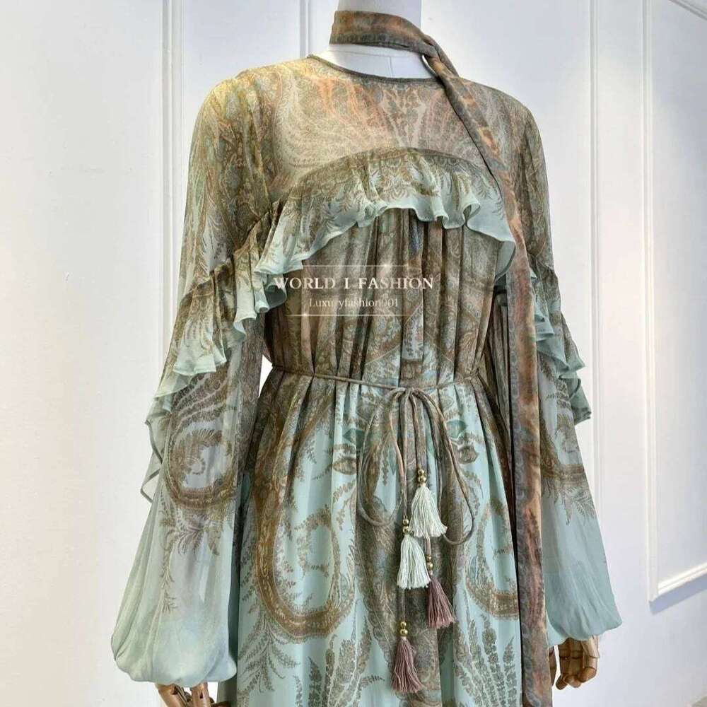 2026 Autumn New Women Elegant Suit Mint Green Paisley Print Ruffles Long Sleeve Midi Dress Hot Sale