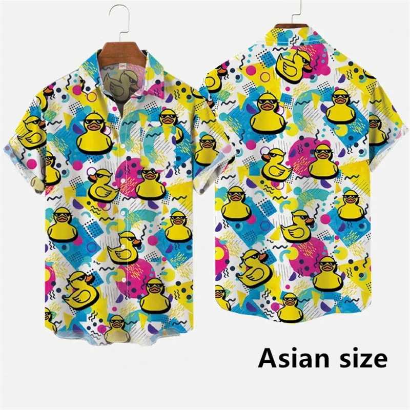 Hawaiian mens 3D printed cartoon cute duck print short sleeved hip-hop summer button up mens shirt X250410