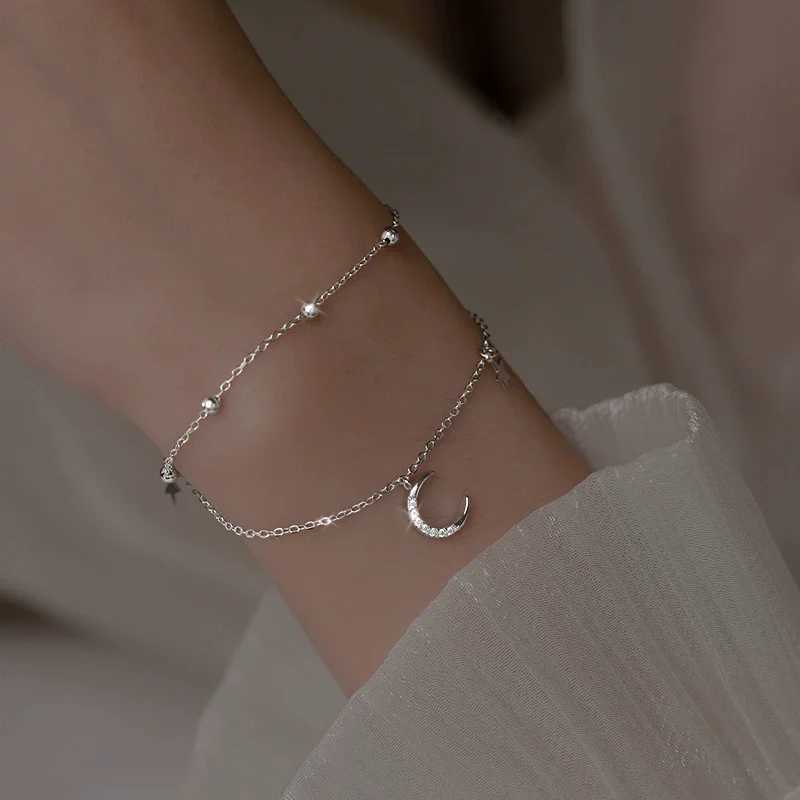 925 Sterling Silver Zircon Bracelets For Women Korean Designer Double Layer Star Moon Bracelet Party Wedding Charm Jewelry GiftsT251110
