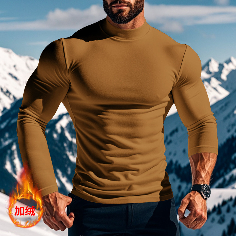2025 Autumn New Long Sleeve T-shirt Knitted Bottom Shirt Slimming Solid Color Versatile Half High Neck Mens Top