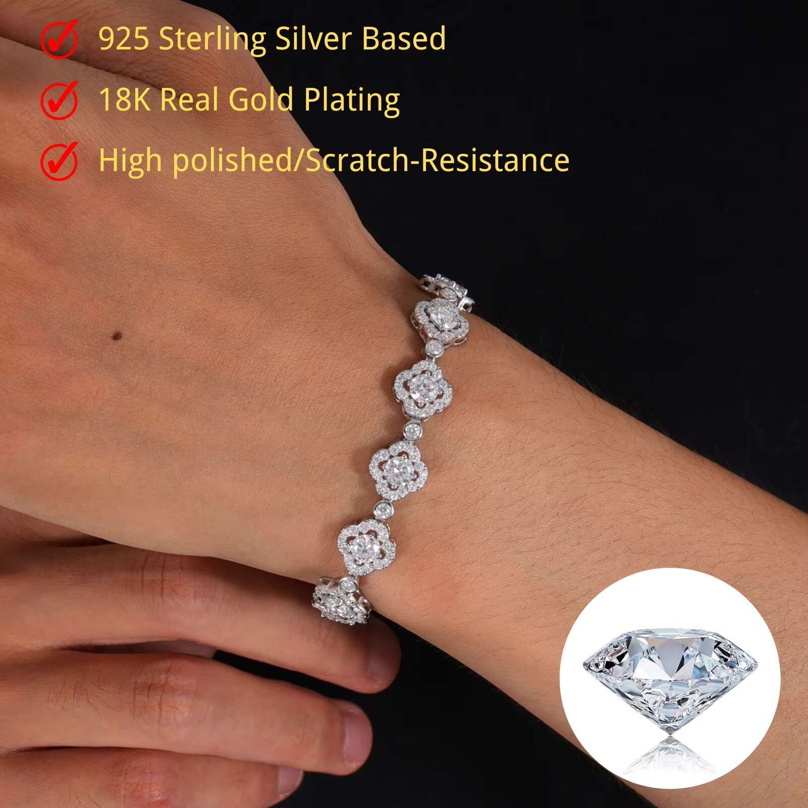 Factory Wholesale Waterproof 925 Silver VVS D Moissanite Diamond Four Leaf Tennis Bracelet Unisex Wedding/Party Hip Hop Jewelry