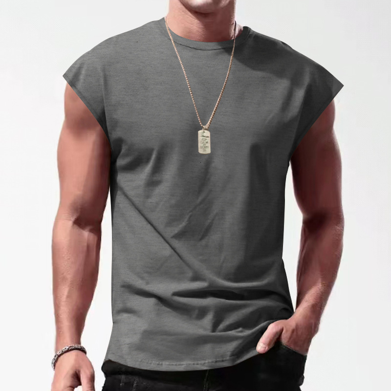 Mens 2024 Summer New Sleeveless Tank Top Youth Casual Loose Solid Color Shoulder T-shirt