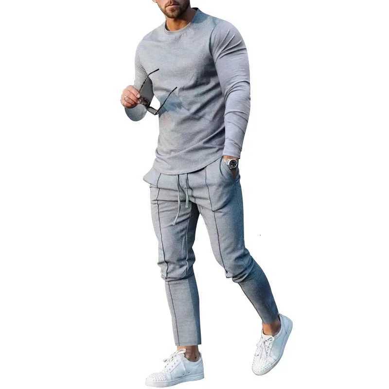 2024 spring two-piece set crew neck long-sleeved t-shirt trousers solid color casual mens suit W251110
