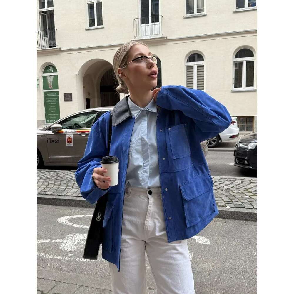 Contrast Color Women's Suede Jacket Single Breasted Zipper Lapel Pockets Long Sleeve Coats 2025 Spring Street Commuter Outwears