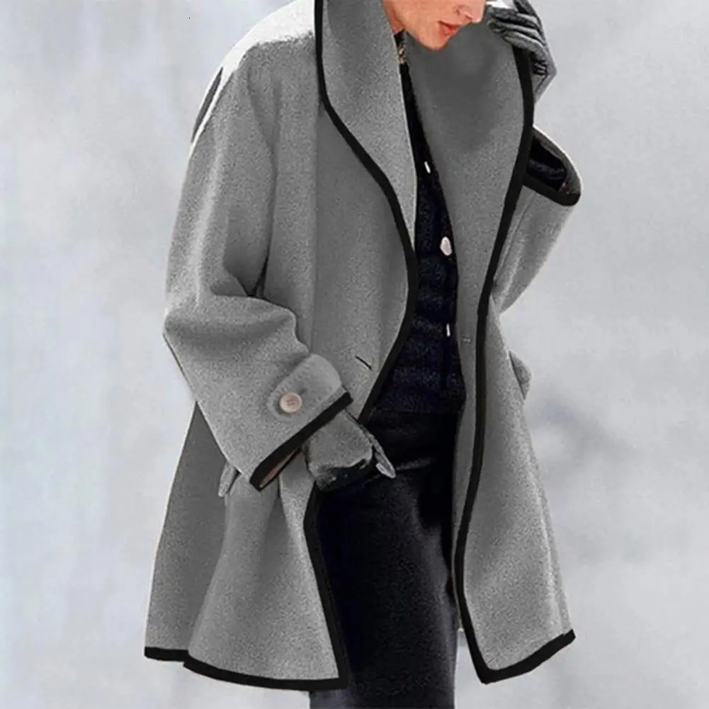 Womens hooded wool coat autumn and winter jacket loose color matching collar contrasting medium long cardigan sweater thick warm womens 250407