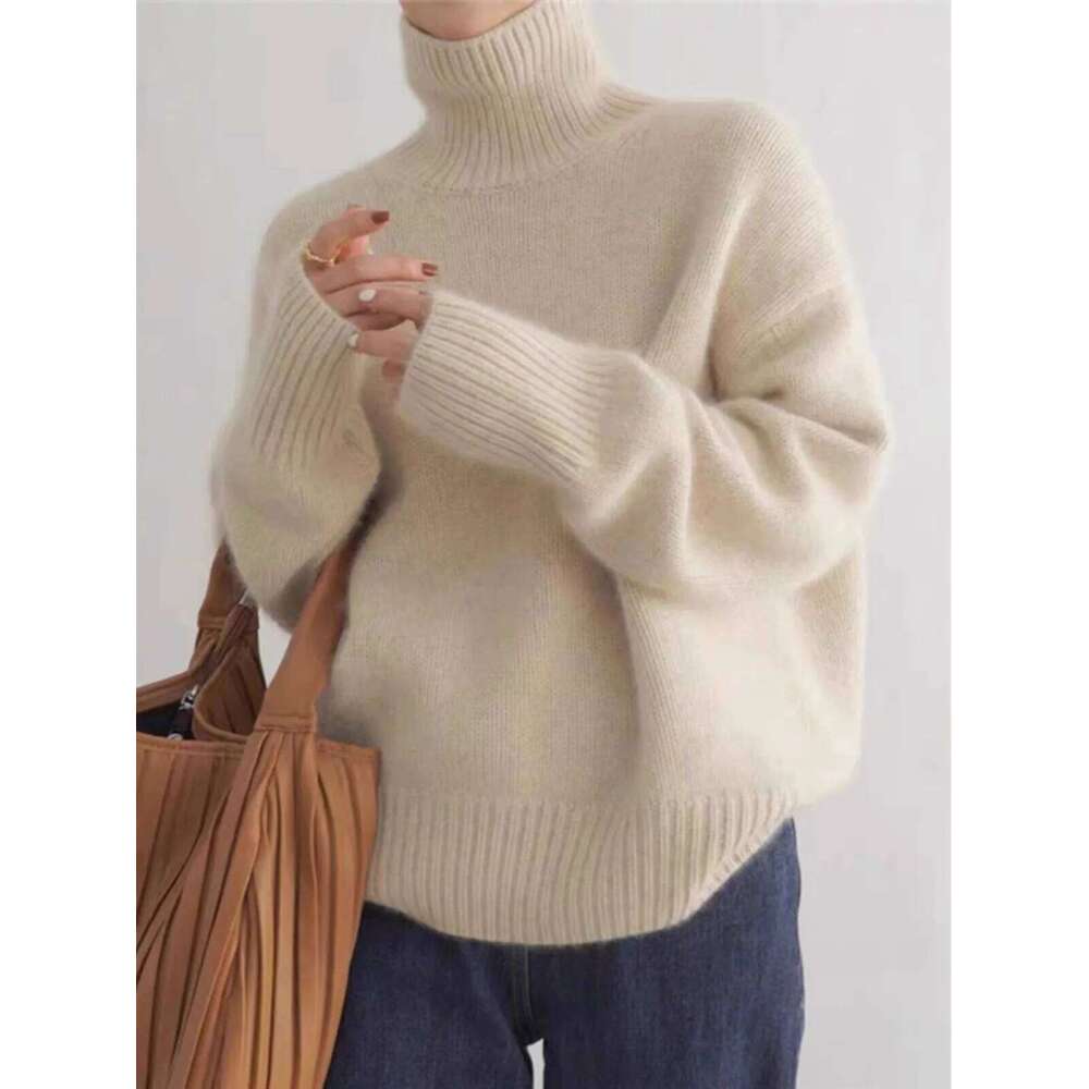 2024 Autumn And Winter New Thick Cashmere Women High Neck Pullover Warm Loose Knitted Base Sweater Jacket Tops