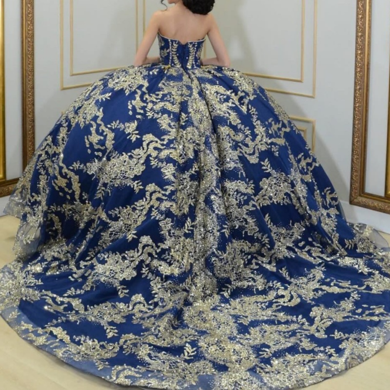 Royal Blue Quinceanera Dresses Off Shoulder Ball Gown Sweet 16 Dress Gold Applique Lace Beads Tull Birthday Party Vestidos 15 De Anos