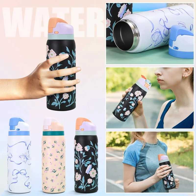 Fashionable cup 32oz Stainless Steel Thermos Water Bottle Cute Travel Vacuum Flasks Thermal Cup With Straw Sports Gym Water Bottle For Wan Y251110