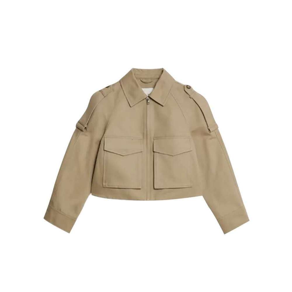 Vintage Women's Short Jacket Pockets Zipper Full Sleeve Khaki Green Thick Coats 2025 Spring Autumn Lady Loose Street Outwear