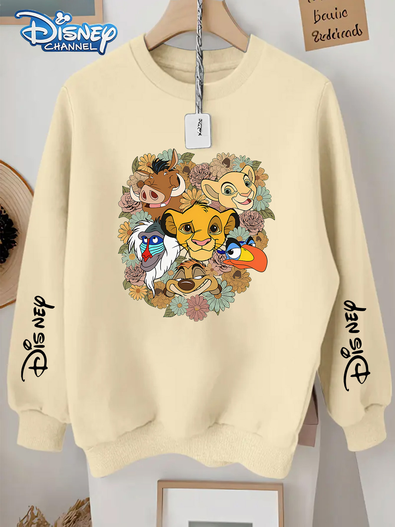 Disney Officially Licensed, Simba, Mufasa, Pumbaa, Timon, Rafiki, and Zazu Pattern Print, Plus Size Crew Neck with Multiple Prints, Casual Fashion Ver