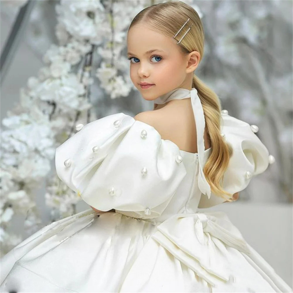 Elegant satin floral dress for girls used for weddings pearl bows fluffy princess birthday parties ball dresses and first communion dresses 250403